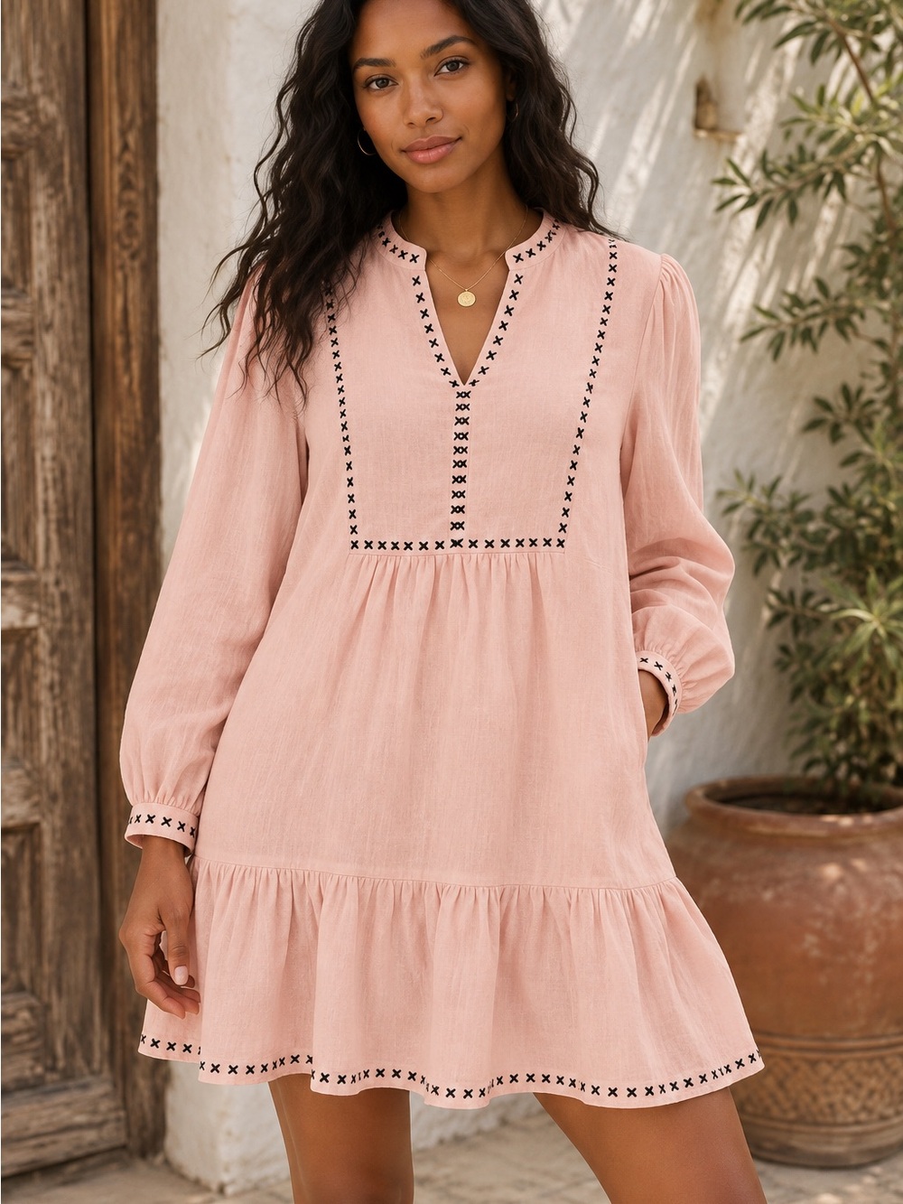 Magaschoni Pink Linen Embroidered Babydoll Dress Size M